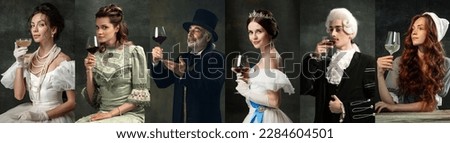 Set of portraits of different men and women, royal persons drinking wine against dark vintage background. Concept of comparison of eras, modernity and renaissance, baroque style. Creative collage. Royalty-Free Stock Photo #2284604501