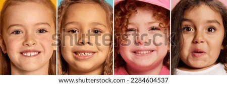 Collage. Close-up portrait of cute little girls, children smiling, showing positive happy emotions. Delightful and excited. Playful kids. Concept of emotions, facial expression, childhood, imagination Royalty-Free Stock Photo #2284604537