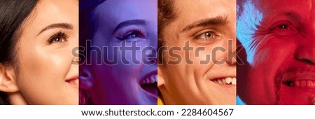 Collage. Close-up cropped side view portraits of diverse people, man and women smiling. Feeling happy and delightful. Positive lifestyle, sales. Concept of emotions, facial expression Royalty-Free Stock Photo #2284604567