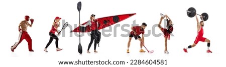 Set of people training, doing various sports activity isolated over white background. Collage. Concept of sport, competition, achievements, challenges. MMA, tennis, lacrosse, figure skating, rowing