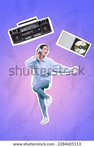 Vertical collage of overjoyed hipster girl dancing listen music audio rhythm concept retro boombox cassette player isolated on drawing background