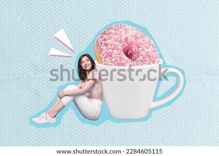 Photo creative artwork collage of young miniature woman sitting look interested coffee cup with tasty sweet donut isolated on blue background
