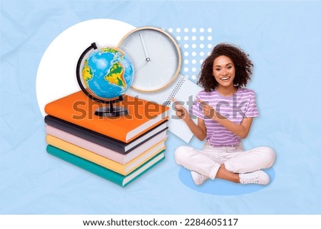 Composite artwork photo collage of optimistic young girl direct fingers timer oclock geography globe books enjoy classes isolated on blue background
