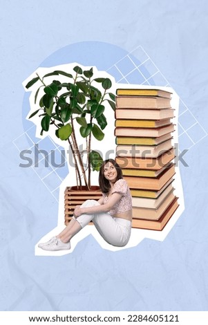 Composite photo collage artwork of young clever woman sitting near much books interior houseplant decoration isolated on blue plaid background