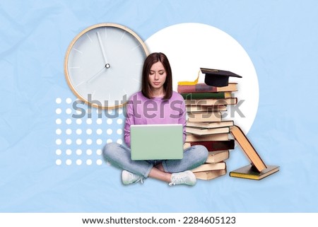 Creative photo minimal design busy concept collage of young concentrated woman use netbook prepare final exam deadline isolated on blue background