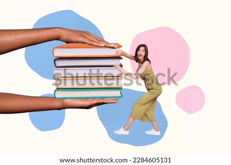Photo collage design of young excited surprised lady drag stack books materials education enjoy studying university isolated on painted background