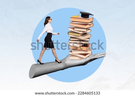 Creative collage artwork photo of successful woman wear formal clothes walking ending second education grade tassel books isolated on blue background