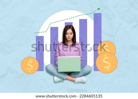 Photo collage of confident successful business woman trader netbook growing graphic arrow earnings income investment isolated on blue background Royalty-Free Stock Photo #2284605135