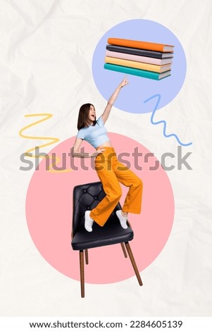 Creative photo collage of youngster carefree woman student dance stay tiptoes armchair point finger books for exam isolated on white background