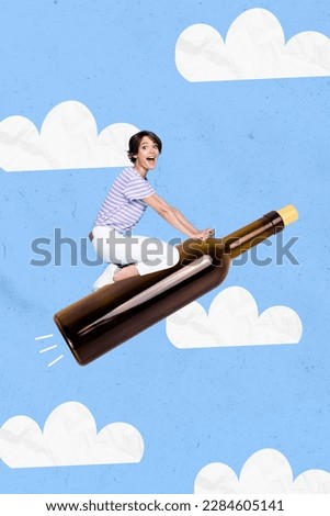 Vertical creative photo artwork collage of youngster crazy girl flying air heaven sky promo sale bottle brand alcohol isolated on blue background Royalty-Free Stock Photo #2284605141