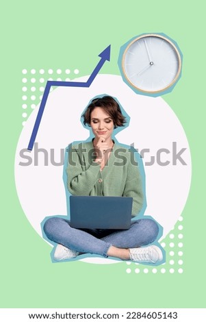Vertical collage of thoughtful minded time manager girl touch chin read laptop info organize arrangement schedule busy isolated on green background
