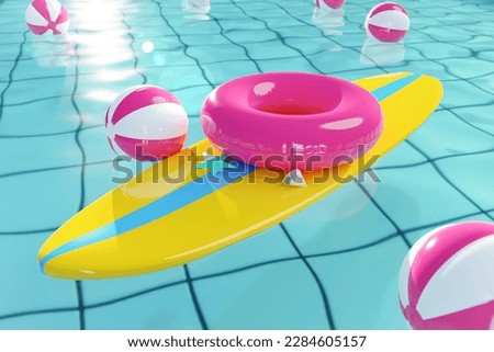 3d graphics web poster collage of summer holidays advert advertise paradise pool hotel with water sport activities for kids family