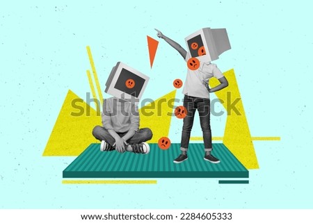 Creative collage picture of twp black white colors people pc display monitor instead head negative angry emoji isolated on drawing background Royalty-Free Stock Photo #2284605333
