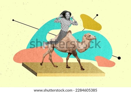 Funny photo collage of egypt travel tourism teenager girl riding wild camel desert arabian transport isolated on yellow painted background