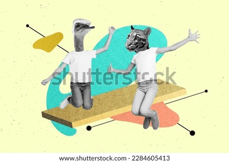 Creative collage picture of two black white effect people straus tiger head jumping isolated on drawing background