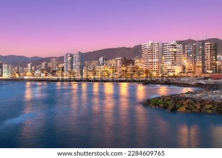 Panoramic view of the coastline of Antofagasta, know as the Pearl of the North and the biggest city in the Mining Region of northern Chile. Royalty-Free Stock Photo #2284609765