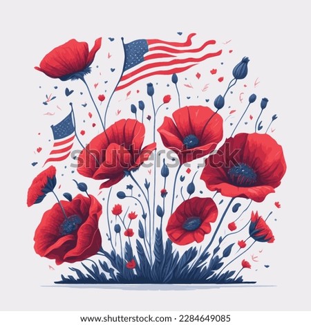 Red poppies with American flag background vector for Memorial Day