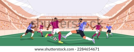 Soccer players playing with ball at stadium. Teams during sport game at football field, grass at competition, match. Athletes in uniform at playground, panorama. Flat vector illustration.