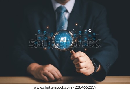 Man hand holding magnifying glass AI search engine for data and connection internet global for analysis, information cyberspace, The concept of searching for information in technology with AI system.