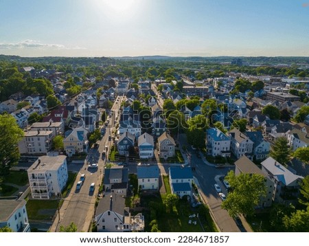 Brighton historic residential houses aerial view in city of Boston, Massachusetts MA, USA. 