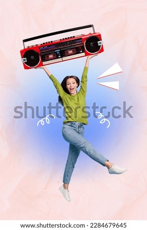 Collage photo of youngster woman dj raise hands up celebrate party hold boombox party chill vacation isolated on pink blue color background