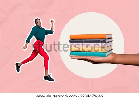 Composite creative photo collage artwork design of young running girl stack books enjoy reading literature store isolated on pink background