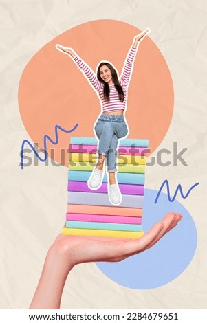 Collage of young funny attractive book reader woman raise hands up stack books materials huge documents store isolated on white beige background