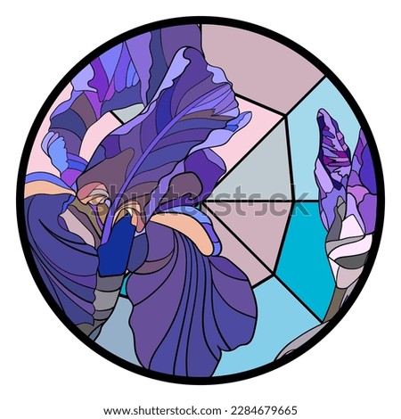 Stained glass bouquet of purple iris flowers with buds in a round window in the style of appliqué or mosaic, decor element, wrapping paper, wallpaper