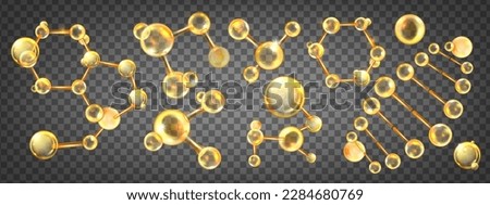 Gold oil molecule set, yellow collagen ball, jojoba nano 3D cell, vector bio abstract medical icon. Beauty science skin care molecular concept, natural bubble kit. Gold molecule atom illustration Royalty-Free Stock Photo #2284680769