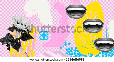 Contemporary digital collage art. Modern trippy design. Happy lips, flowers and creative summer background