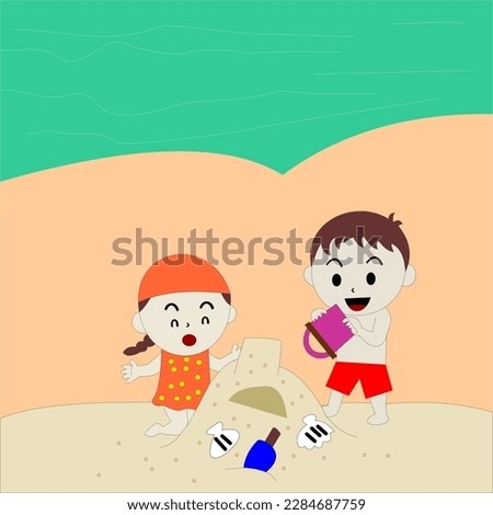 Vector graphic of illustration of Children making sand castles on the beach. This vector is perfect for wallpaper, icon, sticker, background, banner, cover and education etc.