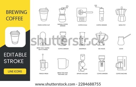 Coffee brewing line icon set in vector, illustration of paper coffee cup and manual coffee grinder, scale and moka pot, aeropress and bee house, french press and cezve, siphon vacuum. Editable stroke. Royalty-Free Stock Photo #2284688755