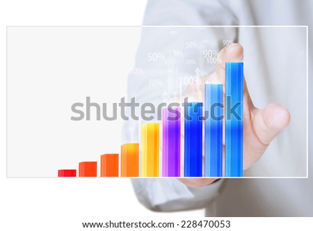 Businessman with financial symbols coming from hand