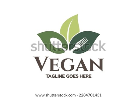 Green Leaf Leaves Bud with Spoon Fork for Diet or Healthy Food Logo Design