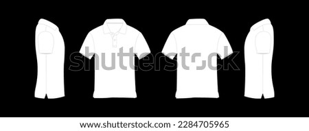 T-shirt polo white vector illustration, white polo t-shirt isolated black background, t-shirt front, t-shirt back and t shirt sleeve design for mockup, plain t shirt artwork
