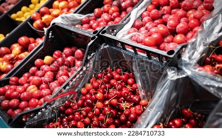 Fruit counter in a grocery store: plum, sweet cherry, cherry, apricot Royalty-Free Stock Photo #2284710733