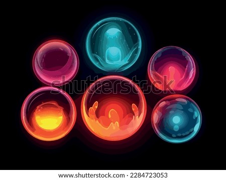 2d vector illustration colored different sized balls neon glows