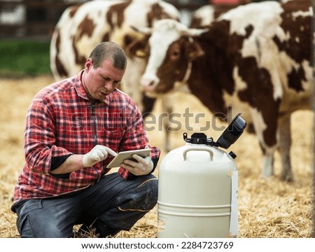 Farmer working on tablet beside liquid nitrogen tank for bull sperm for artificial insemination of cows on dairy ranch