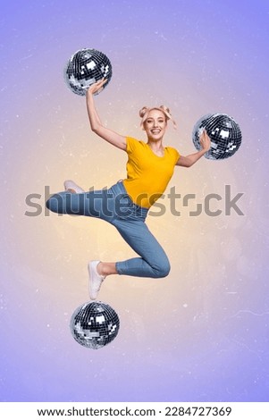 Vertical photo artwork collage of young carefree energetic lady jumping wear casual clothes clubbing retro disco ball isolated on blue background