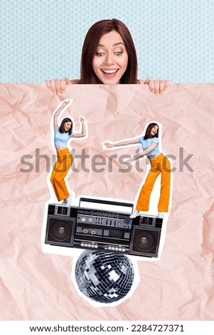 Vertical absurd collage photo picture poster of joyful lady behind wall watching people sisters twins isolated on painting background