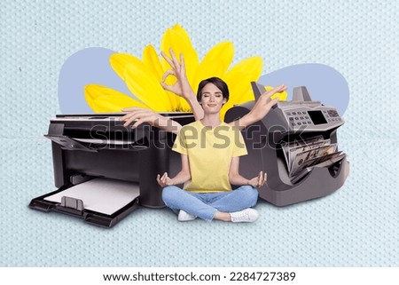 Composite collage image of mini girl meditate big arms multitask working fax machine scanner printer isolated on creative background