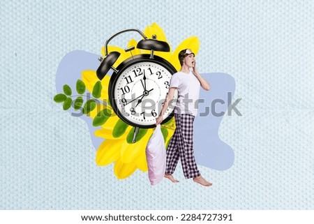 Creative collage picture of mini girl hand hold pillow yawning walk big clock ring bell alarm flower leaves isolated on painted background