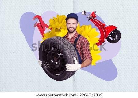 Creative collage image of car mechanic man hands hold tire fresh big flowers scooter isolated on drawing background