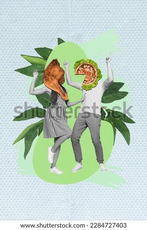 Vertical collage picture of two black white gamma people fried chicken pizza instead head dancing isolated on creative background