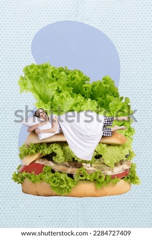Vertical collage picture of positive funky mini girl laying sleep big burger instead bed isolated on creative background