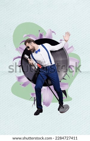 Vertical collage picture of mini classy singer guy hold microphone big vinyl record flower isolated on creative background