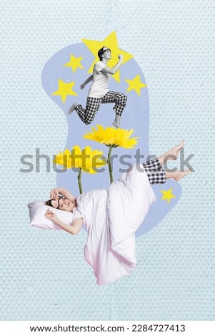 Vertical collage image of peaceful sleeping girl comfy pillow blanket dreams jump run stars yellow flowers isolated on creative background