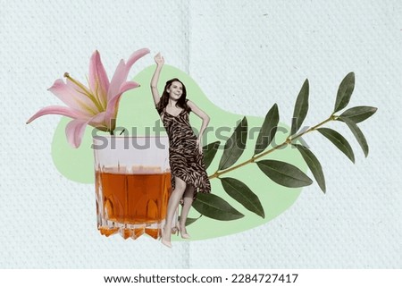 Abstract collage picture of overjoyed positive mini girl dancing big whiskey glass fresh flower isolated on drawing background