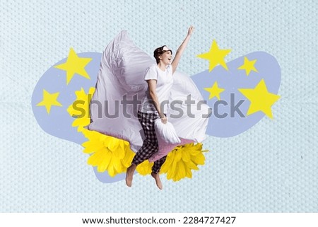 Composite collage picture of positive excited girl flying pillow blanket big yellow flower isolated on drawing night sky stars background