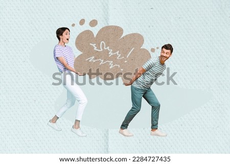 Collage photo image picture artwork poster of two people deliver heavy placard card empty space isolated on drawing background